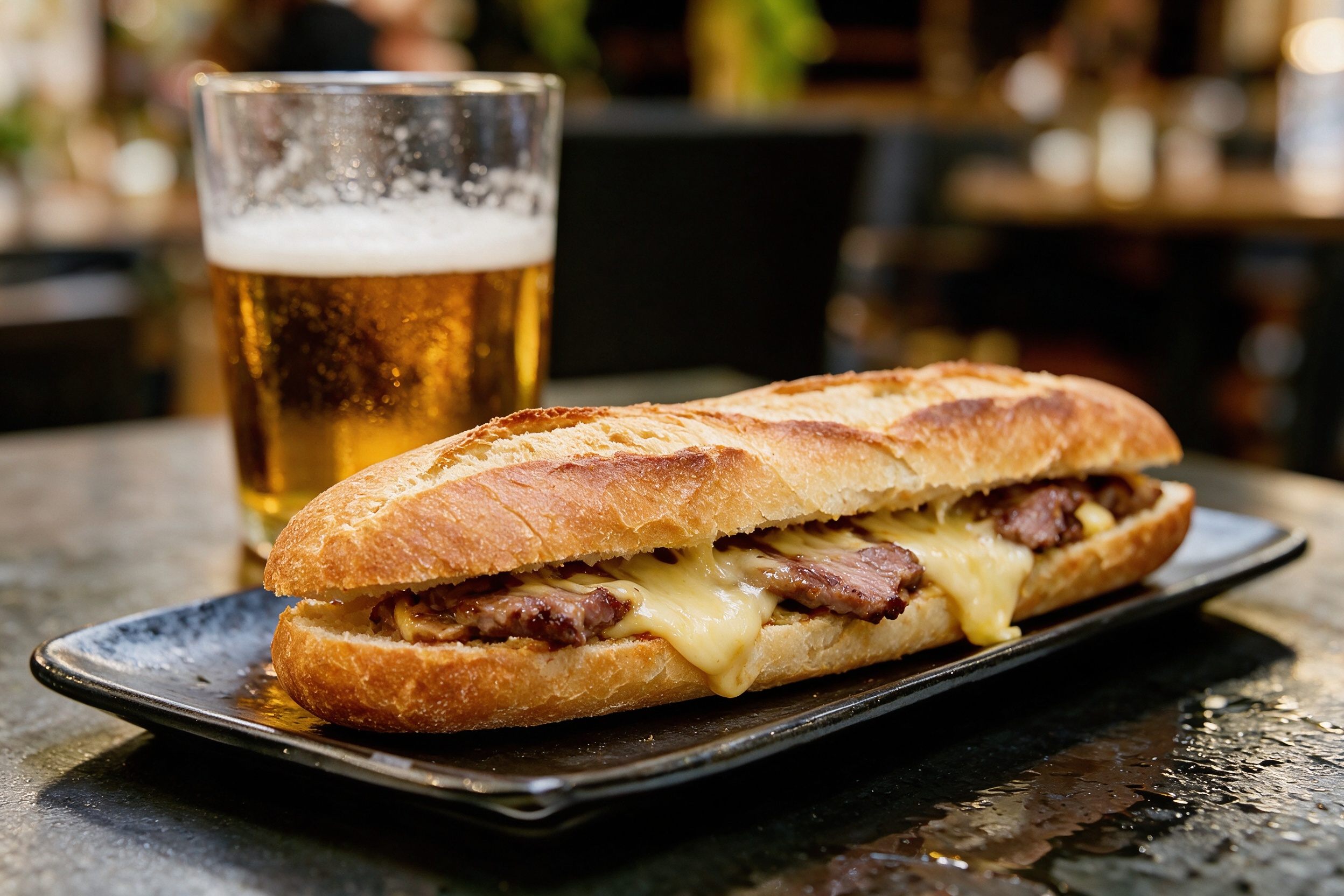 Bocadillo de carne con queso junto a una cerveza fría